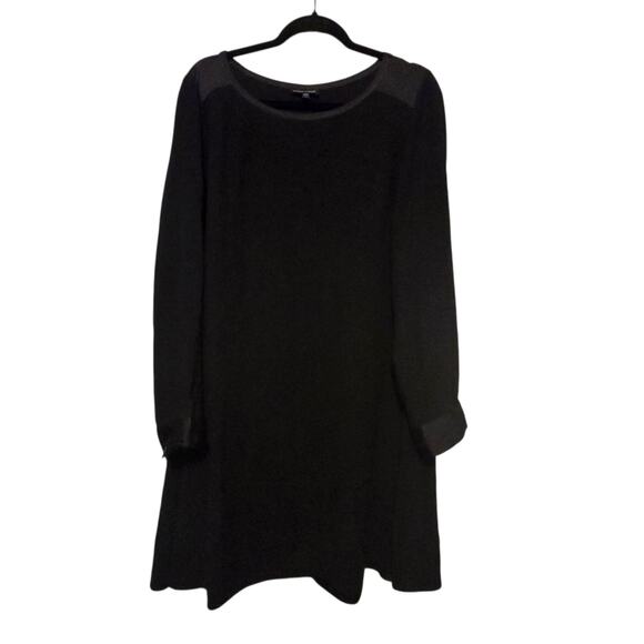 Eileen Fisher 100% Silk Georgette Shift Dress Womens LG Satin Trim Cuffs $398